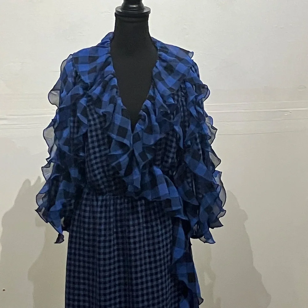 Tularosa blue and black, long sleeve gingham wrapped dress - Picture 3 of 10